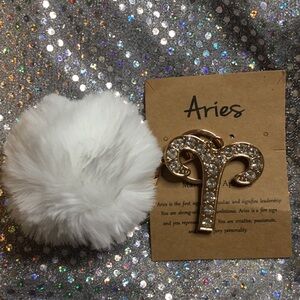 Elegant White Fluffy Gold Keychain with Aries Charm